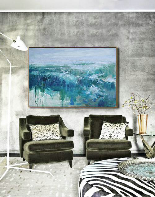 Original Painting Hand Made Large Abstract Art,Horizontal Abstract Landscape Oil Painting On Canvas,Large Living Room Wall Decor Purple Grey,Dark Blue,Green,White